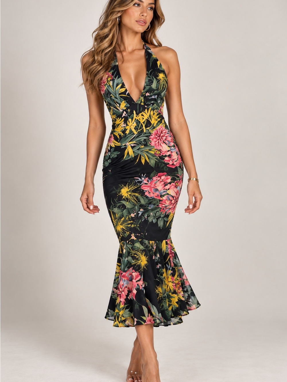 Floral Halter Mermaid Midi Dress in Black with Pink & Yellow Blooms